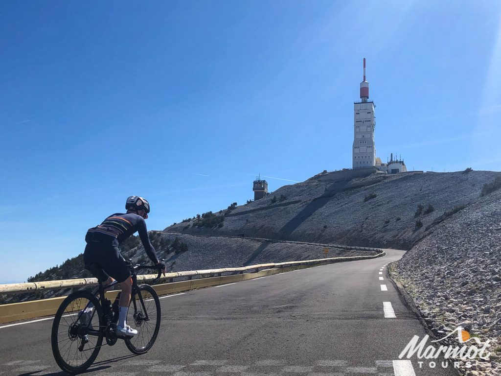 Cyclist climb gin Mont Ventoux on Marmot Tours fully supported road cycling holiday Ventoux and Verdon Gorge Provence France