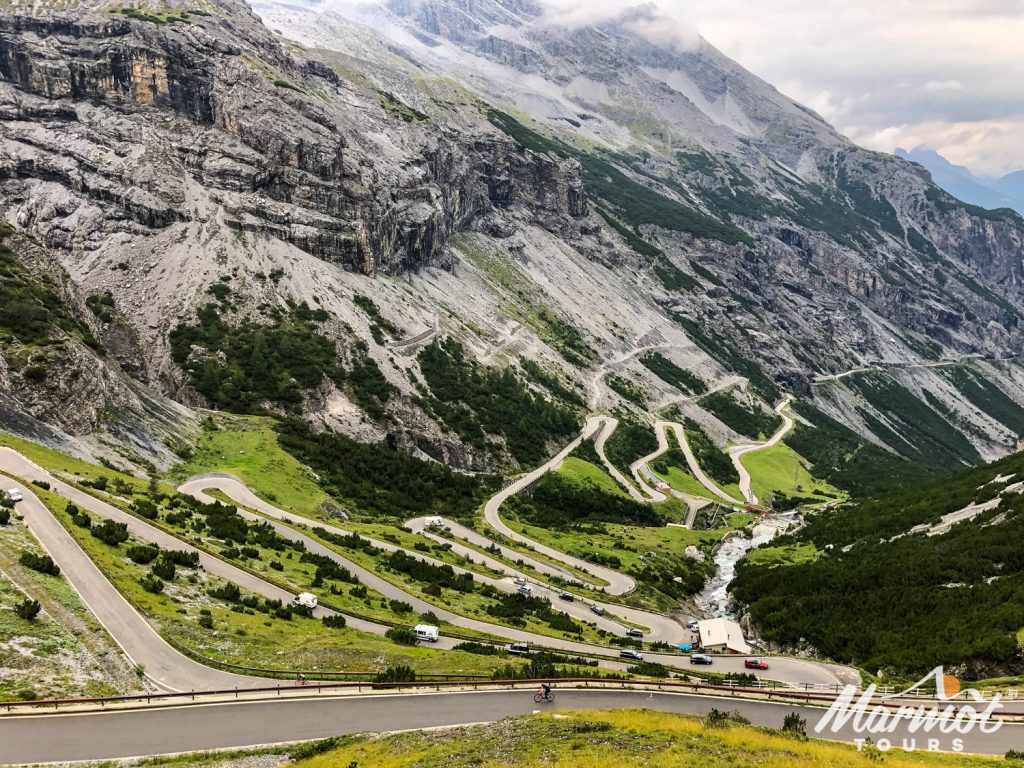 Cyclist climbing Passo dello Stelvio on Marmot Tours road cycling holiday in Italy