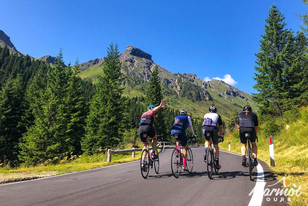 Group of cyclists climbing smooth road in Slovenia on Marmot Tours fully supported cycling holiday