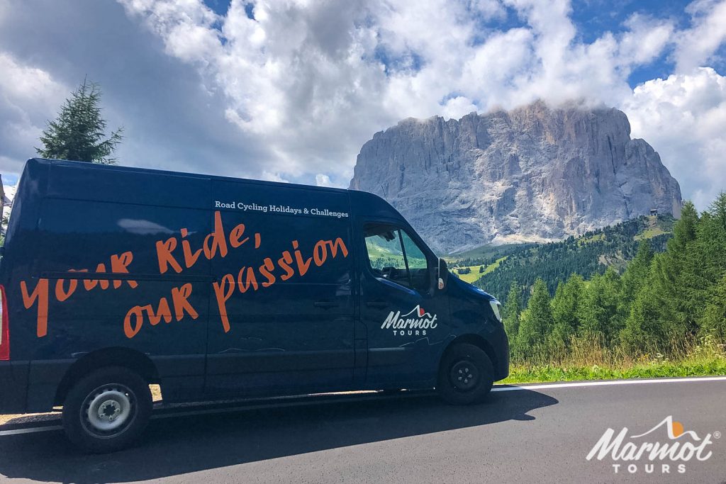 Marmot Tours support vehicle on road cycling holiday in the Dolomites