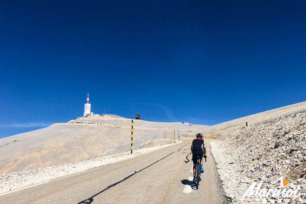 Cyclist nearing summit of Mont Ventoux on road cycling holiday in Provence with Marmot Tours