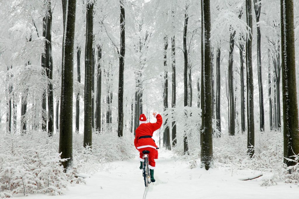 Father Christmas riding bike through snowy forest for Marmot Tours European road cycling holidays christmas newsletter