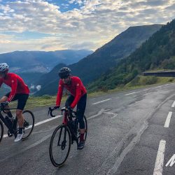 Pair of cyclists climbing Col du Tourmalet on Pyrenean cycling holiday with Marmot Tours