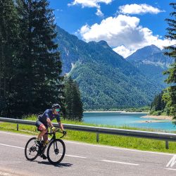 Cyclist descending Sella carnizza on Slovenia road cycling holiday with Marmot Tours