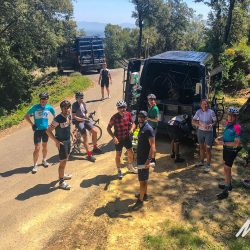 Group of cyclists and support vehicles on Marmot Tours full support group cycling holiday in Catalonia Girona cycling holiday