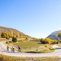 Cyclists rounding hairpin bend on Sisteron to Malaucene road on Marmot Tours guided rod cycling holiday Mont Ventoux