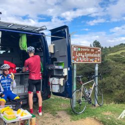 Cyclists enjoy snack and support from Marmot Tours on guided road cycling tour Picos de Europa Northern Spain