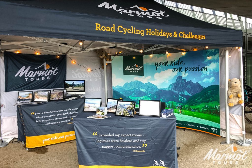 Marmot Tours road cycling holidays event stand at Cyclist Track Days Lee Valley Velodrome 2023