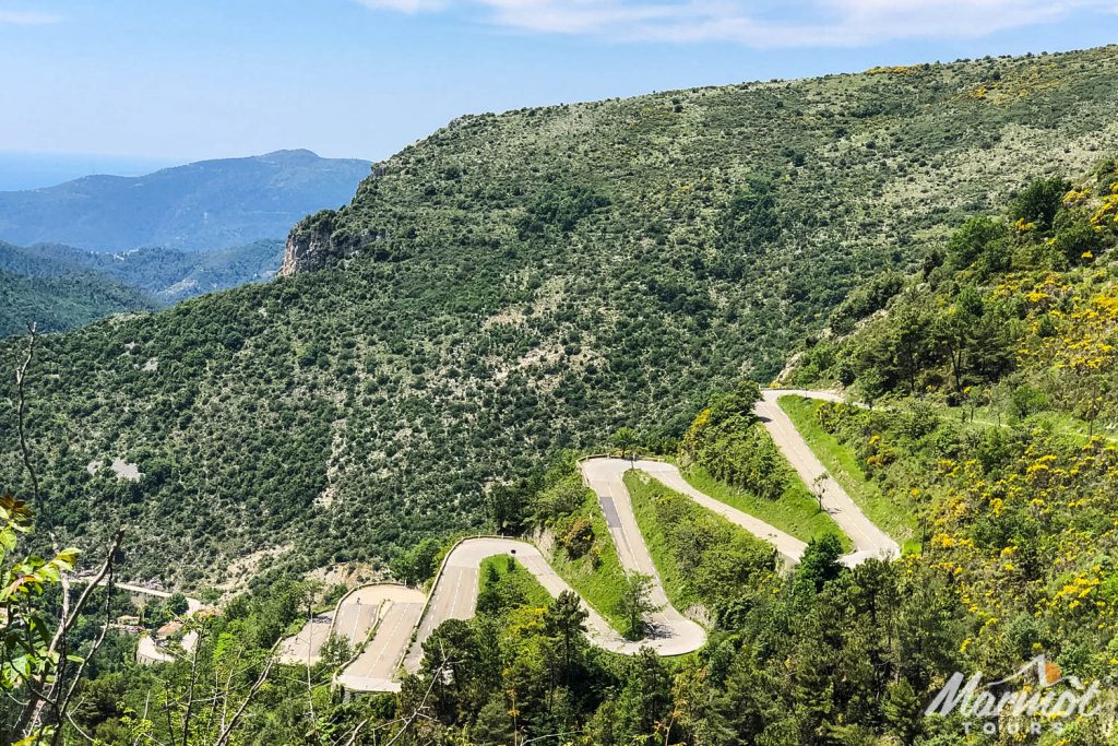 Hairpin bends on Col de Braus cycling climb on Marmot Tours guided road cycling holiday