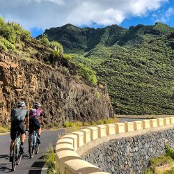 Pair of cyclists climbing through lush mountainside on sunny day on guided road cycling tour Tenerife with Marmot Tours