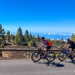 Pair of cyclists on climb through woody mountains beneath blue sky on guided road cycling tour of Tenerife with Marmot Tours