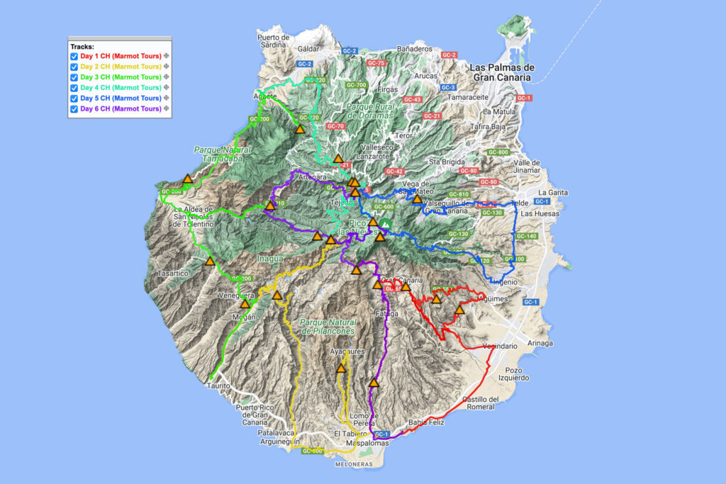 Map of Gran Canaria with cycling routes of Marmot Tours road cycling holidays Gran Canaria