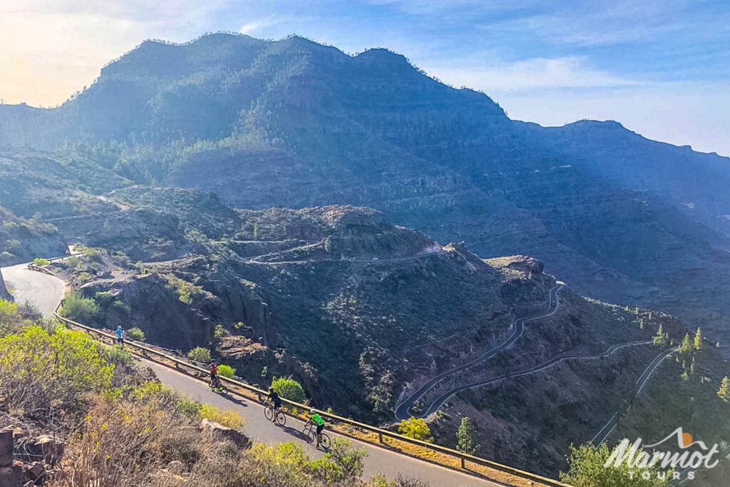 Cyclists climbing mountain road on Gran Canaria with Marmot Tours