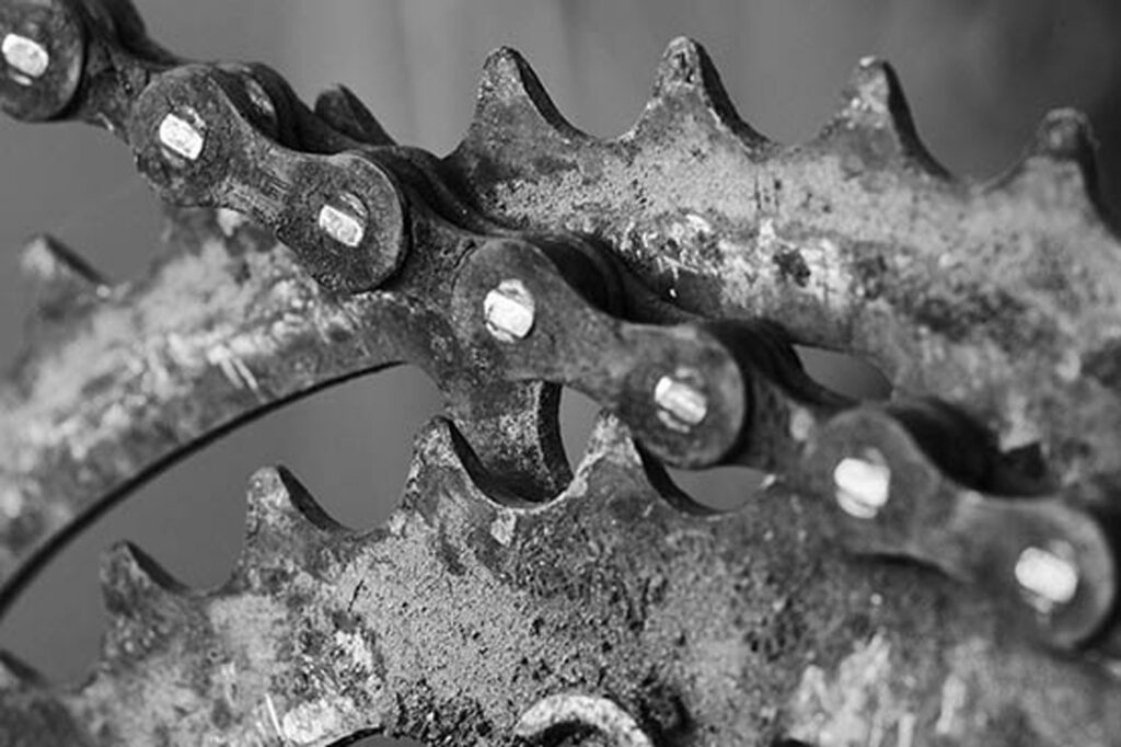 Close up of a dirty bike chain