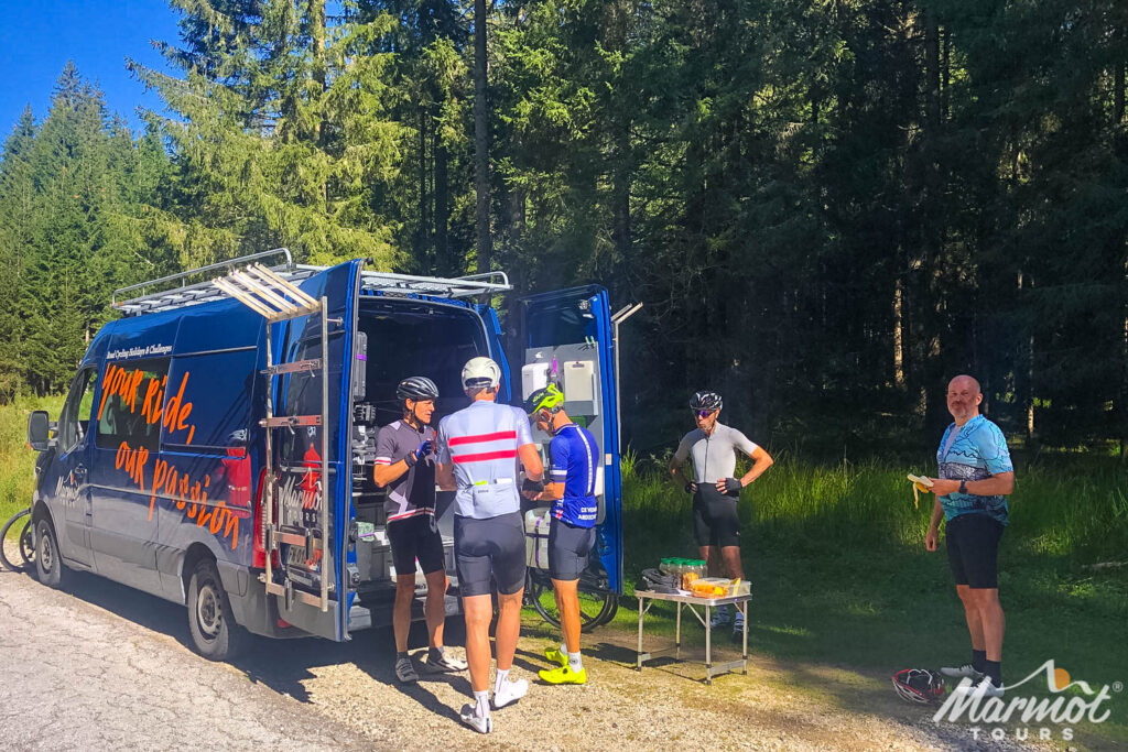 Group of cyclists enjoying van support on Marmot Tours European road cycling holiday