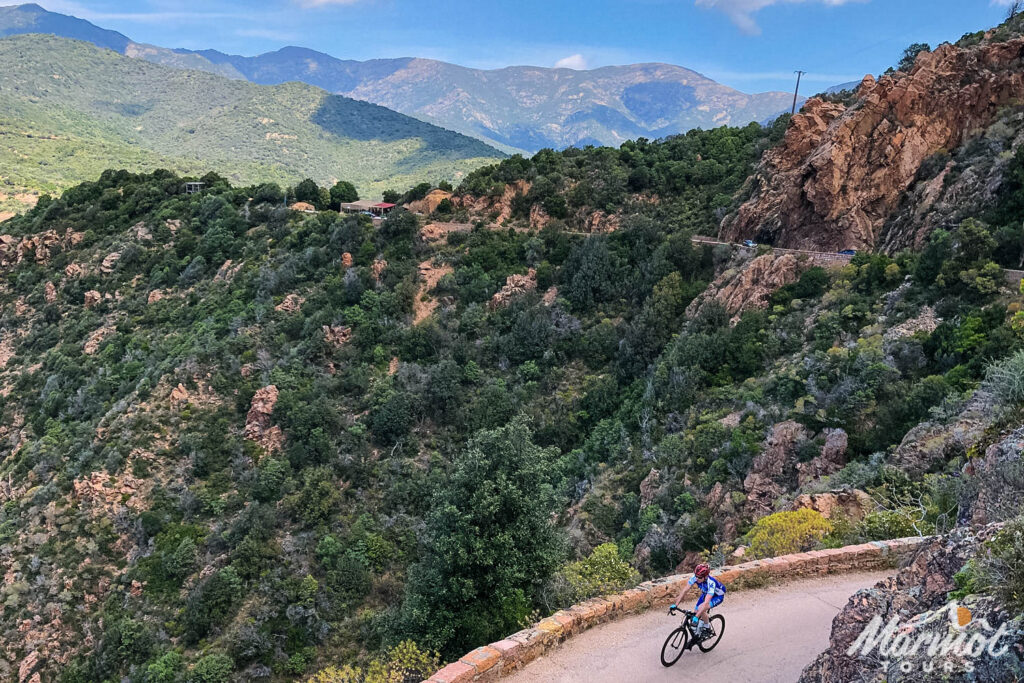 Cyclists climbing lush mountain road on Raid Corsica with Marmot Tours