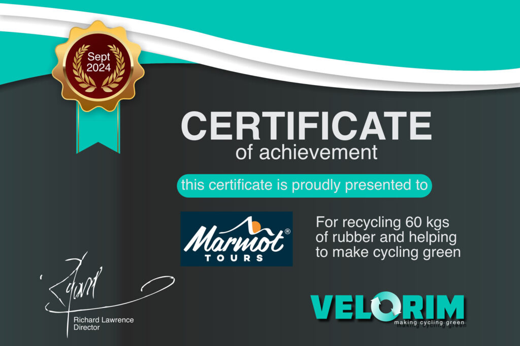 2024 Velorim certificate to Marmot Tours road cycling holidays for recycling 60kgs tyres