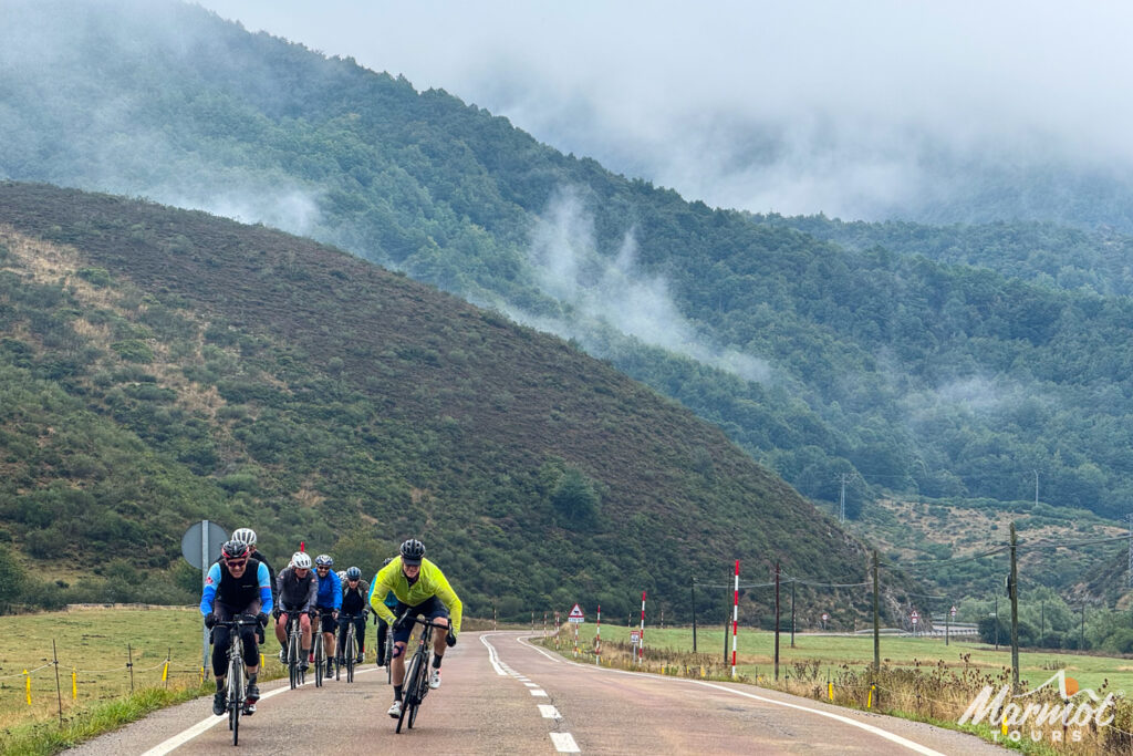 Group of cyclists with forested mountains backdrop on Marmot Tours guided road cycling tour