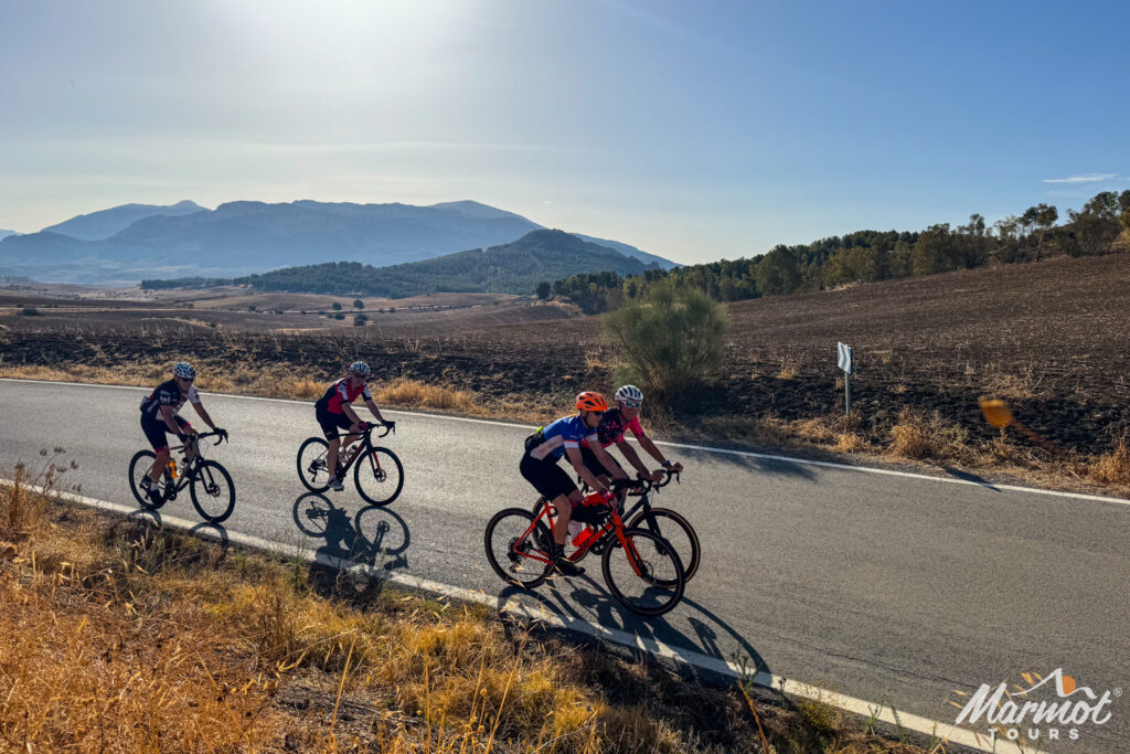 Group of cyclists with arid mountains backdrop on Marmot Tours guided road cycling tour Andalusia Spain