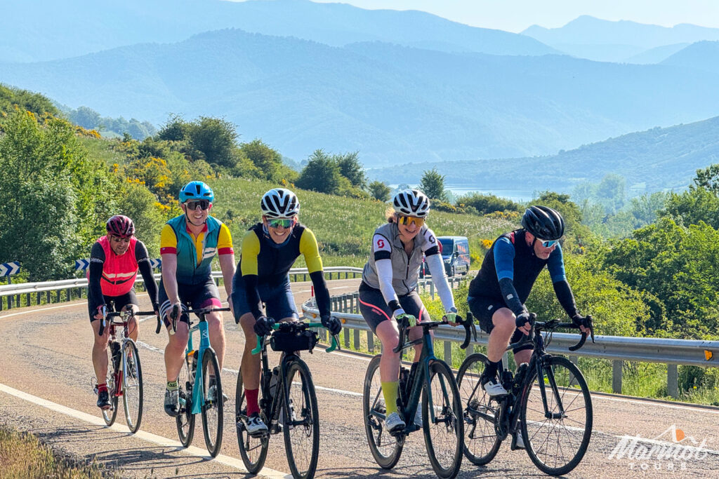 Group of cyclists with forested mountains backdrop on Marmot Tours guided road cycling tour Picos Spain