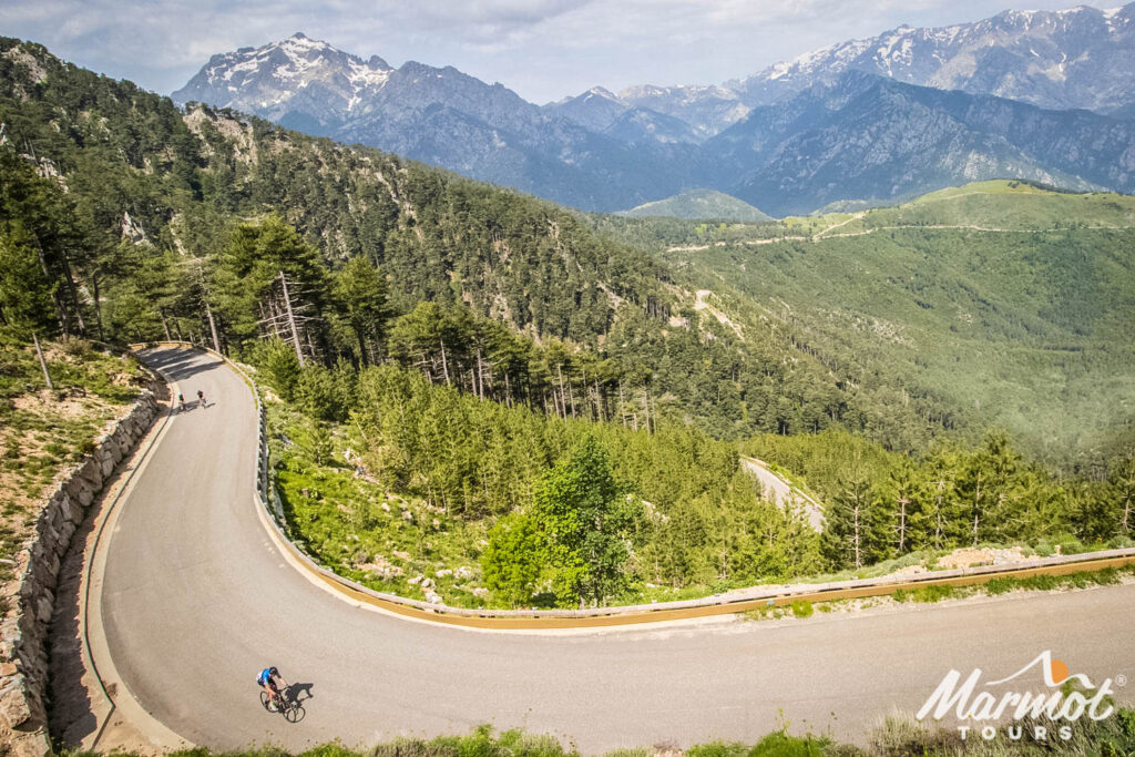 Cyclists climbing forested slopes with multiple mountains in background on Raid Corsica with Marmot Tours