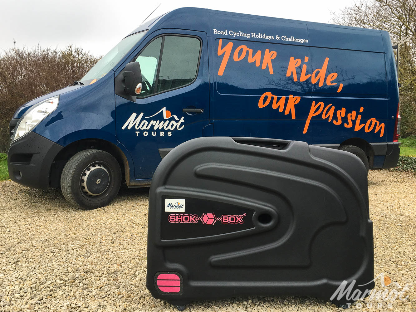 ShokBox black bike box and Marmot Tours road cycling holidays support vehicle
