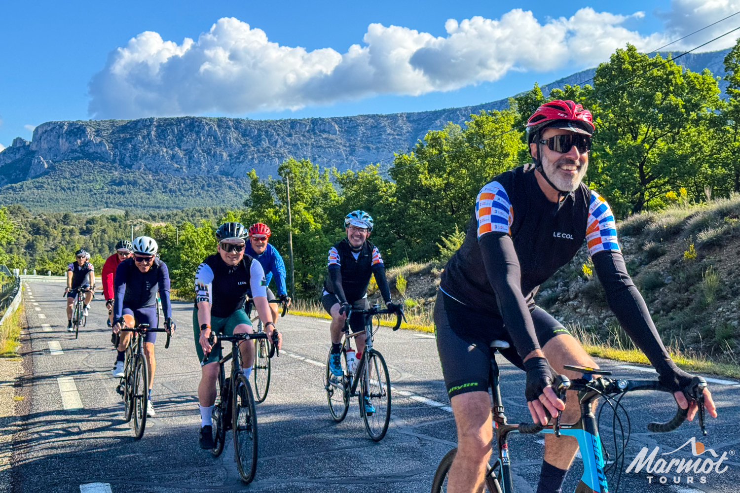 Group of cyclists enjoying guided road cycling holiday in Provence with marmot Tours