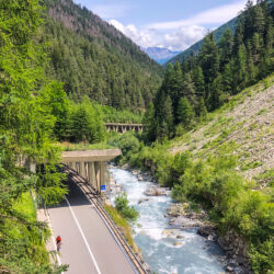 Cyclist on valley road parallel to fast flowing mountain stream and pine tree covered slopes on Marmot Tours guided road cycling holiday Italian Dolomites and Swiss Alps