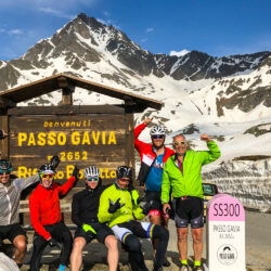 Cyclists celebrating at Passo di Gavia sign with snowy mountains background on Marmot Tours full support road cycling holiday Italian Dolomites
