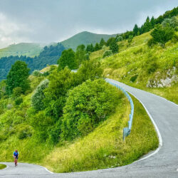 cyclist climbing monte grappa approaching hairpin bend and steep section on marmot tours guided road cycling holiday dolomites