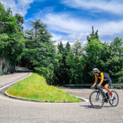 cyclist rounding hairpin bend on forested slope of monte grappa from semonzo on marmot tours guided road cycling holiday dolomites