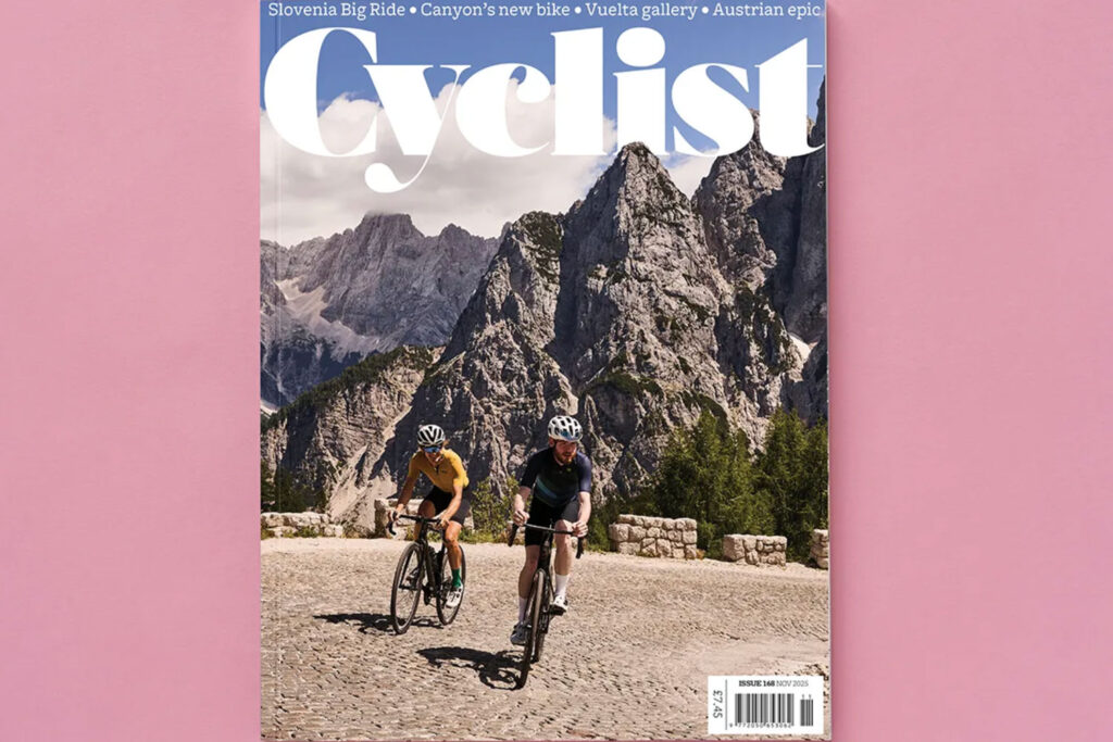 Cyclist magazine front cover image of two cyclists climbing Vrsic pass with Marmot Tours support