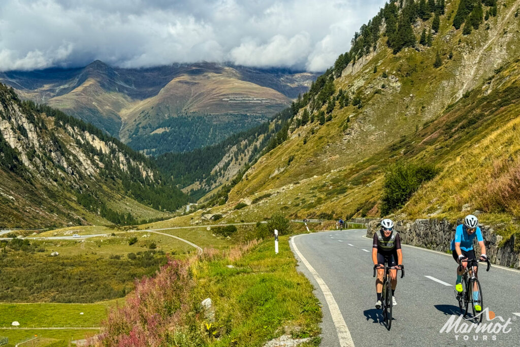 Pair of cyclists climbing mountain in road in French Alps with marmot Tours