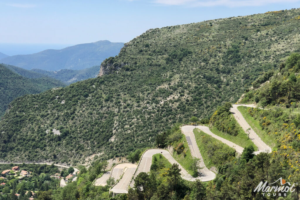 Hairpin bends on Col de Braus cycling climb on Marmot Tours Classic Cols of Southern Alps cycling holiday