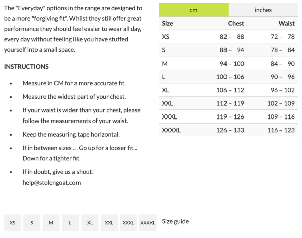 Marmot Tours Stolen Goat mens jersey sizing guide